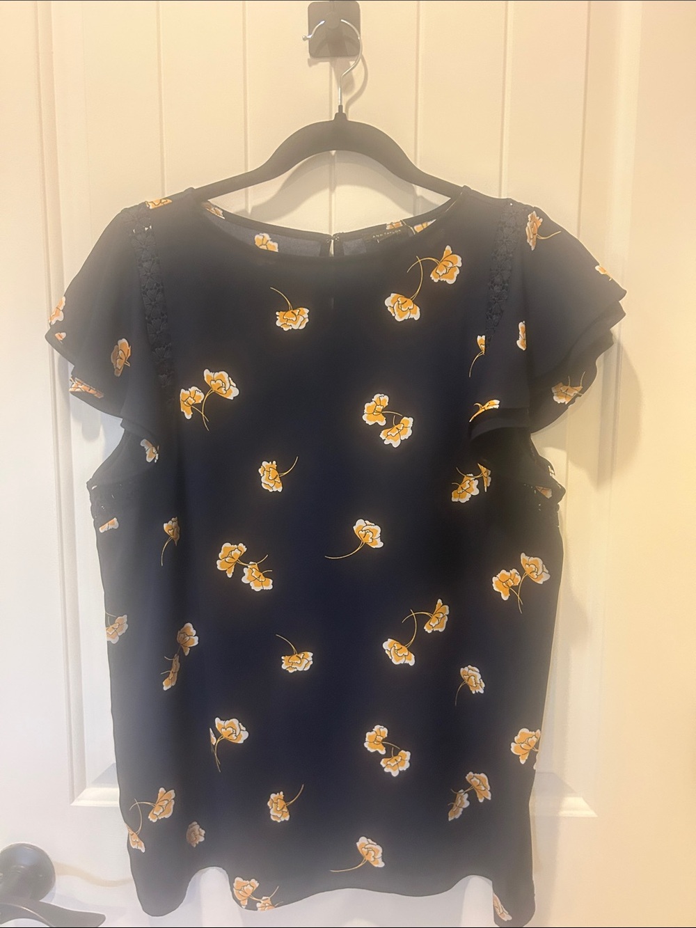 Ann Taylor Navy Floral Flutter-Sleeve Blouse